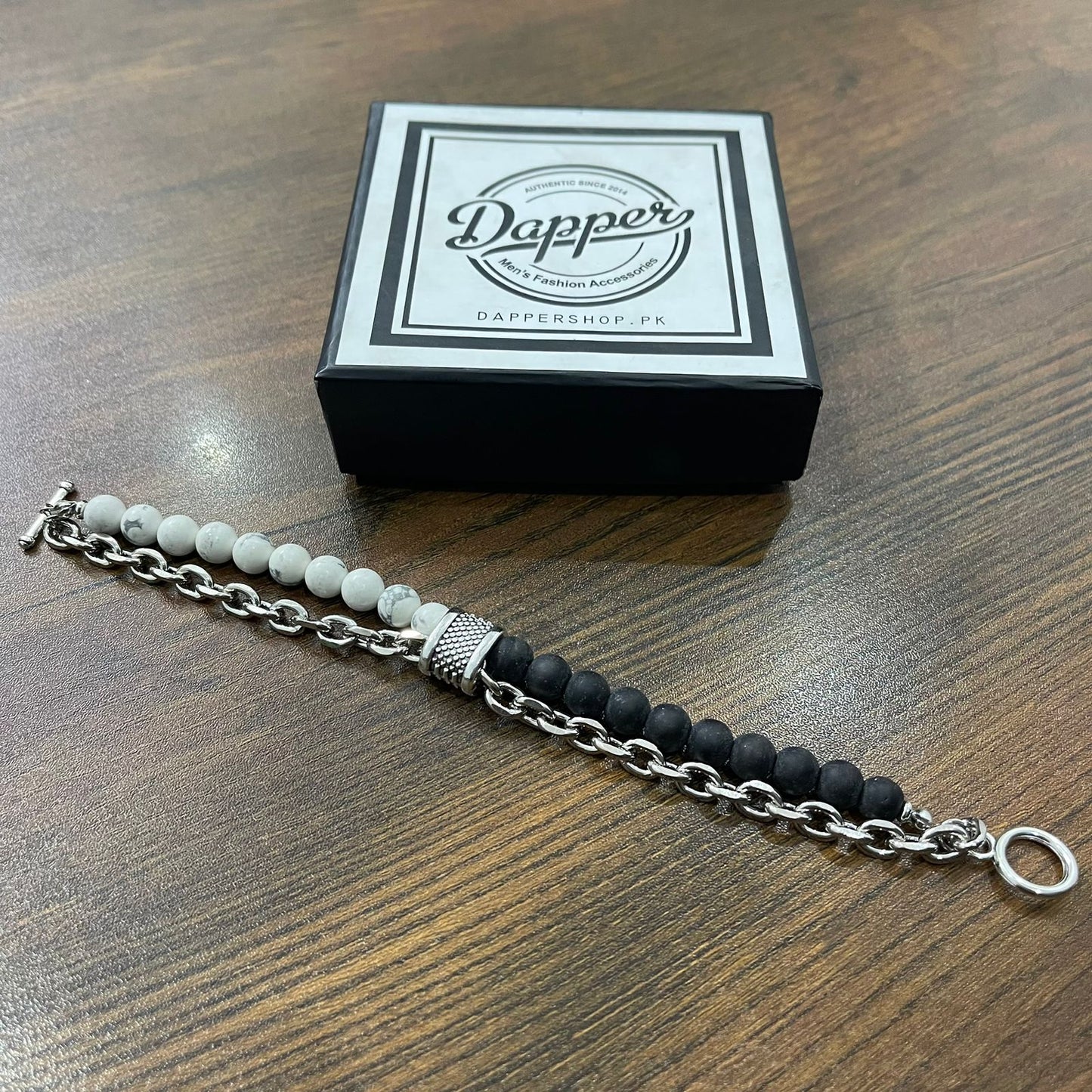 White & Matt Black Stone Double Chain Bracelet For Men