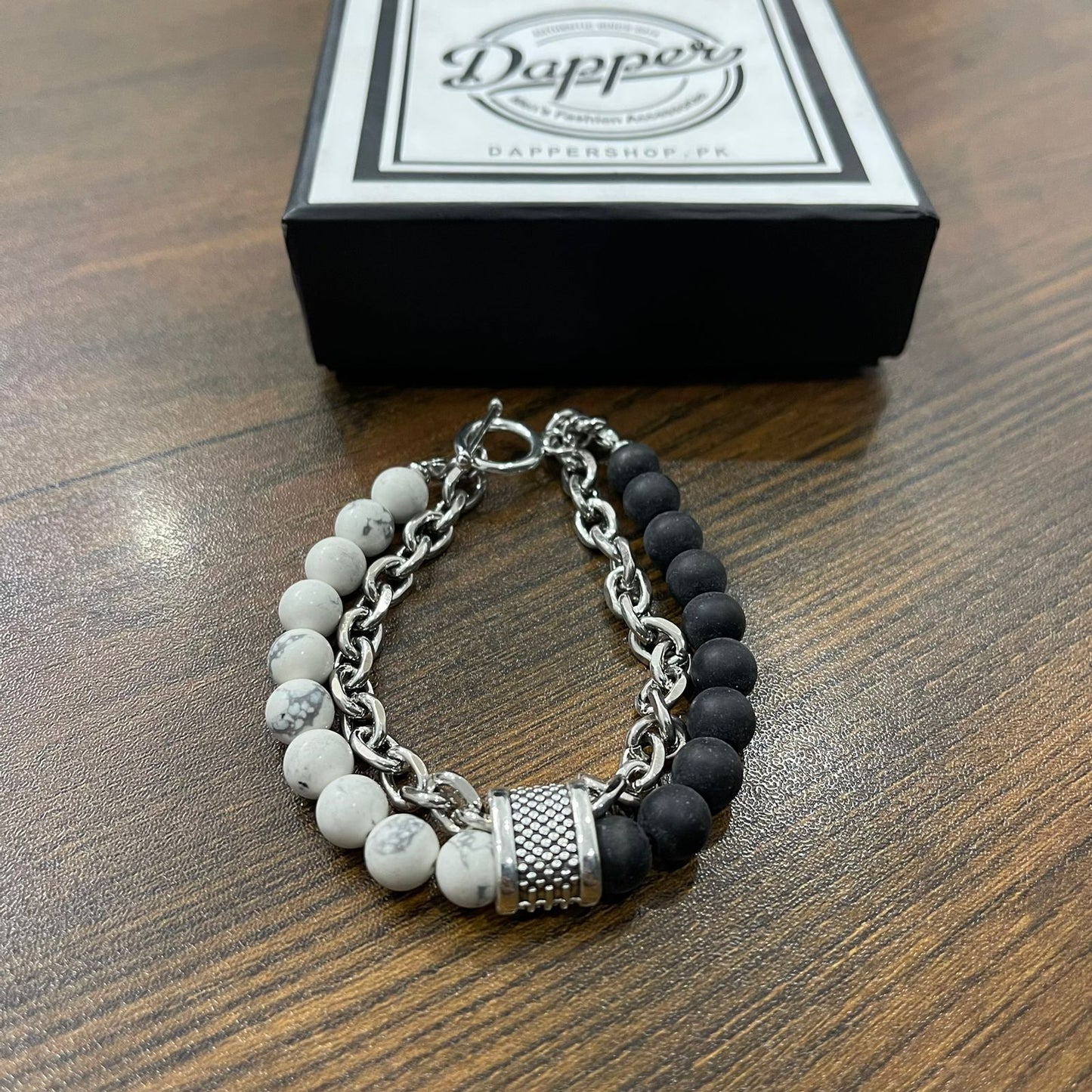 White & Matt Black Stone Double Chain Bracelet For Men