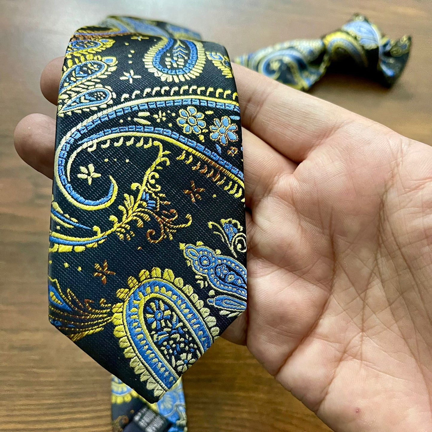 Blue & Golden Paisley Floral Slim Neck Tie