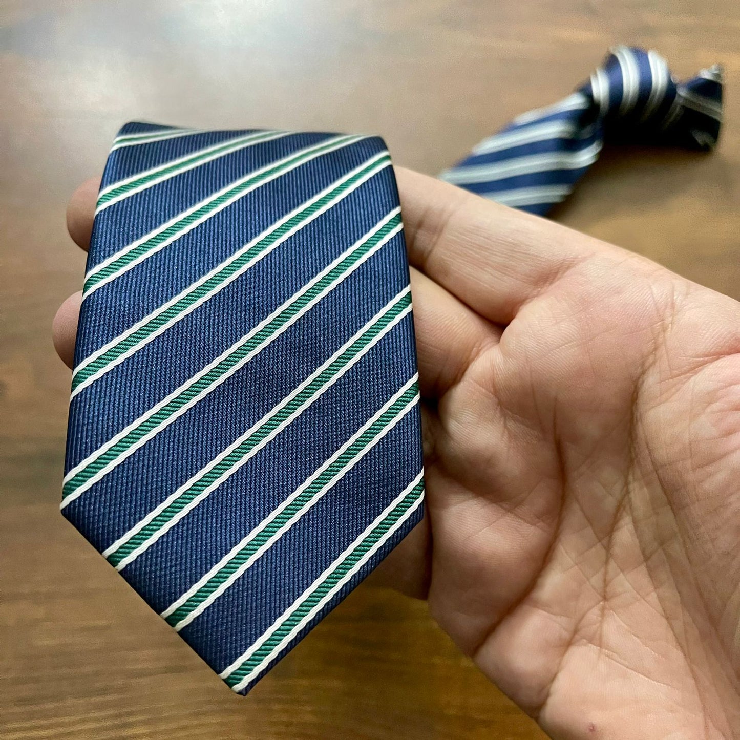 Dark Blue & Green Stripe Slim Neck Tie