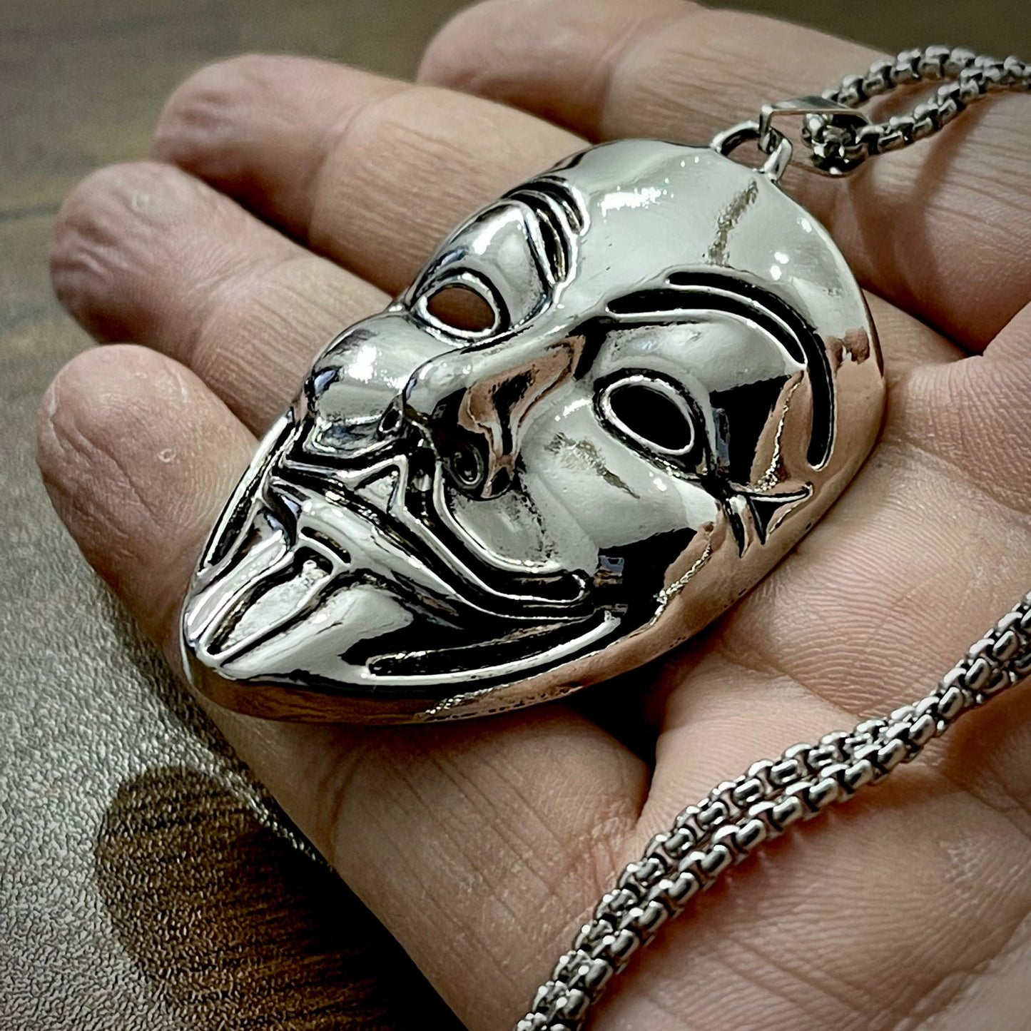 Silver Vendatta Mask Clown Pendant Necklace