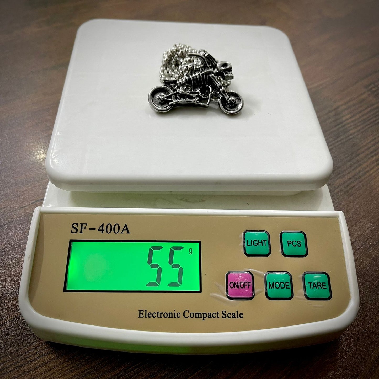 Antique Silver Skull Motorcycle Pendant Necklace