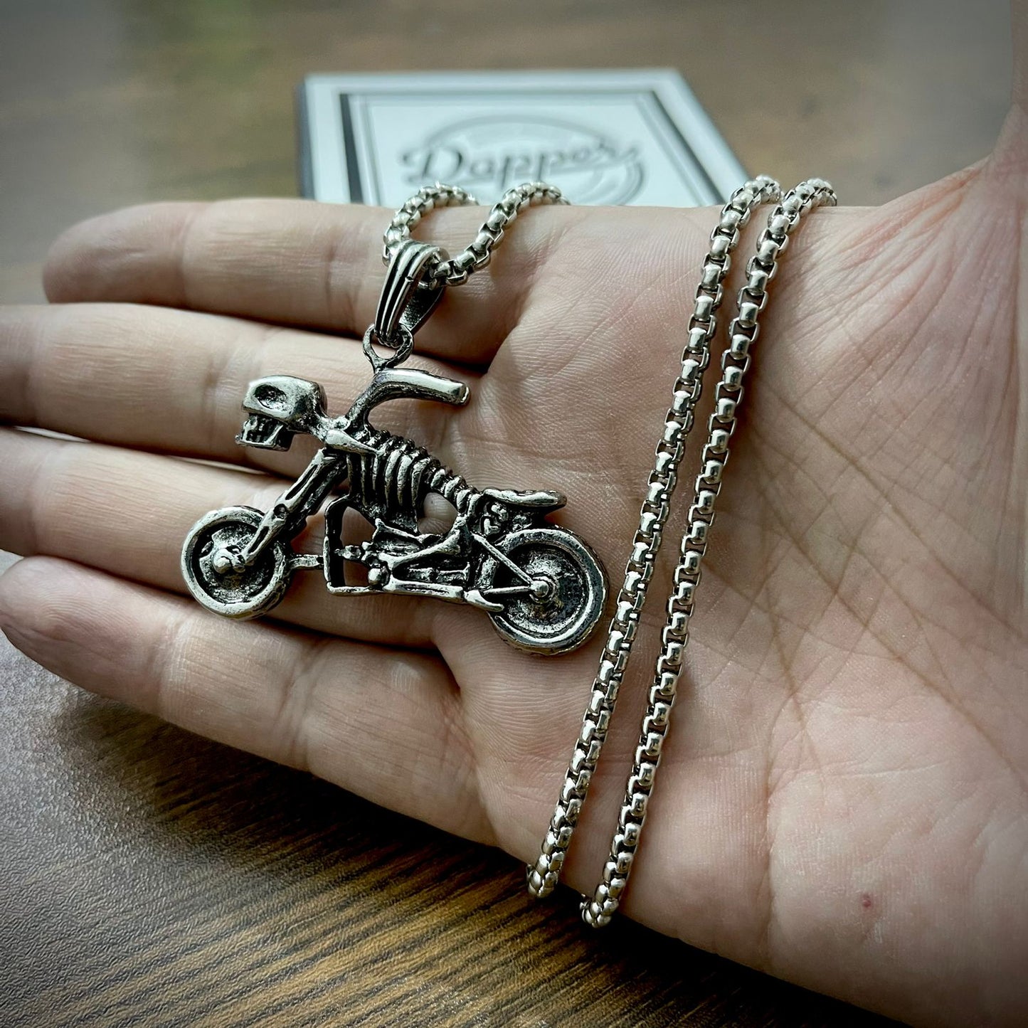 Antique Silver Skull Motorcycle Pendant Necklace