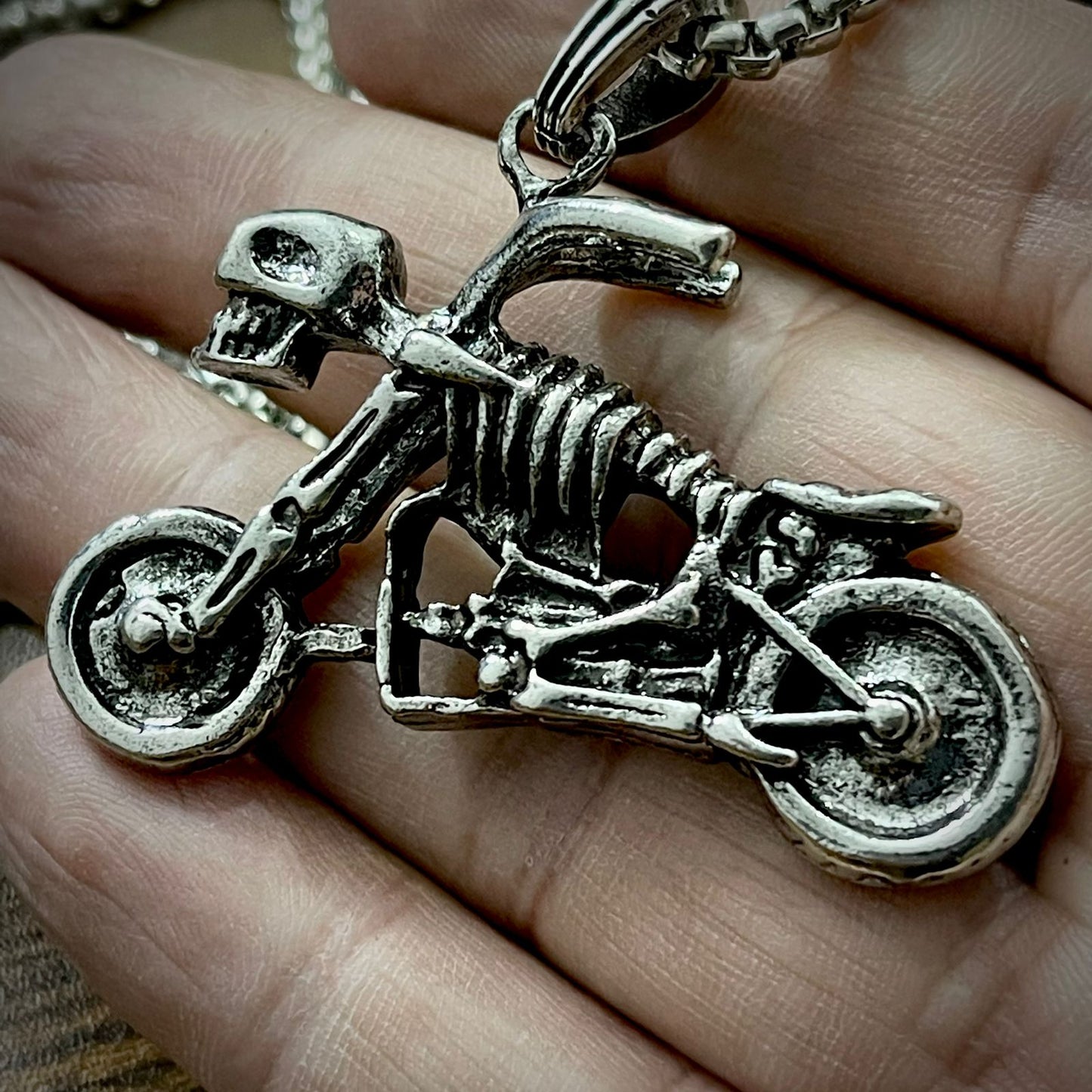 Antique Silver Skull Motorcycle Pendant Necklace
