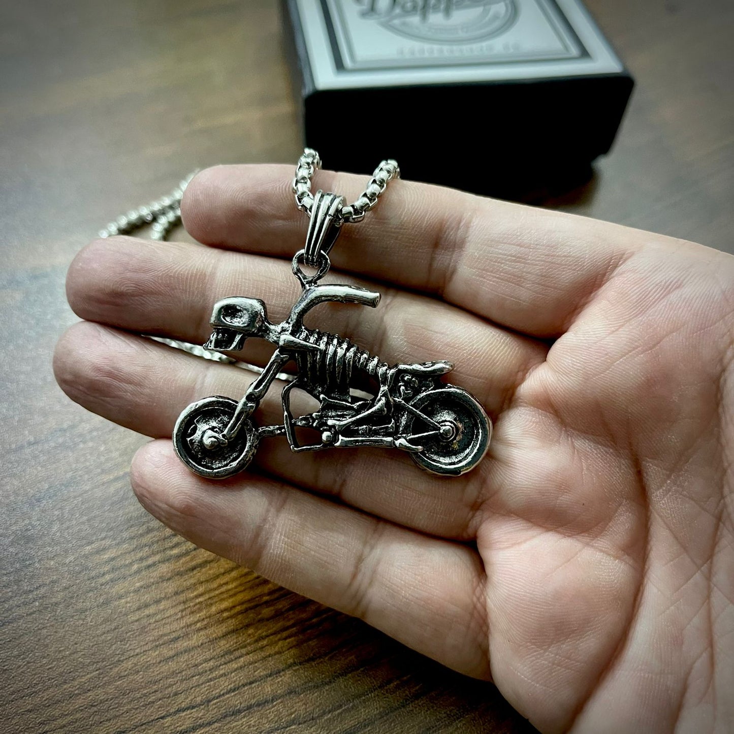 Antique Silver Skull Motorcycle Pendant Necklace