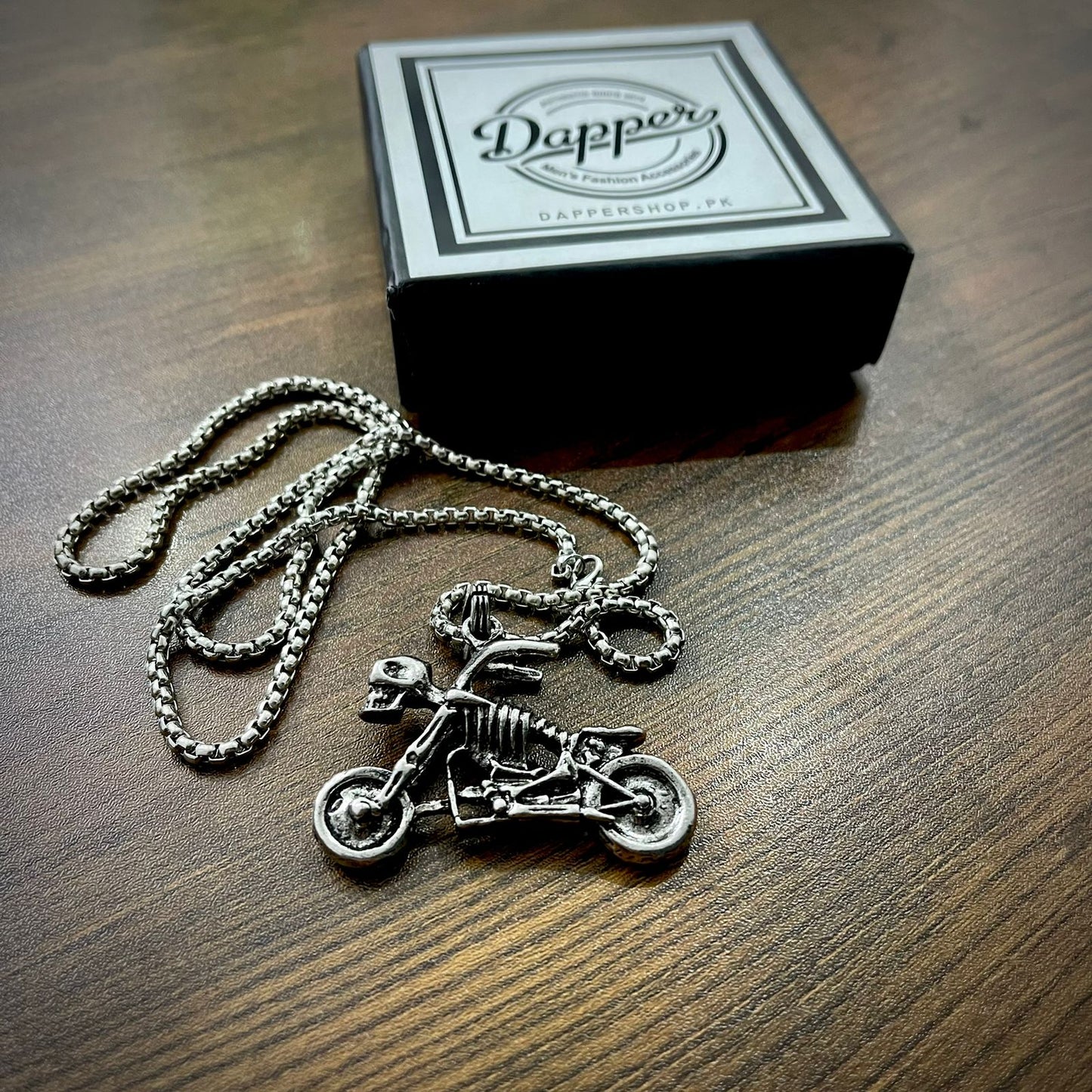 Antique Silver Skull Motorcycle Pendant Necklace