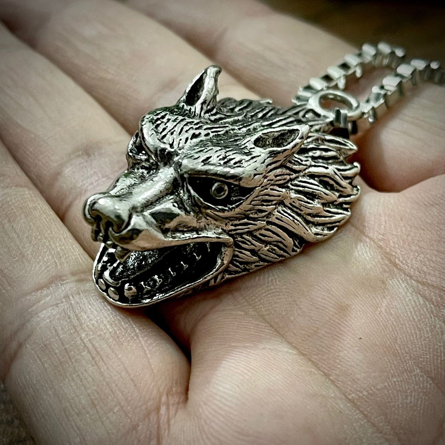 Antique Silver Wolfhead Pendant Necklace