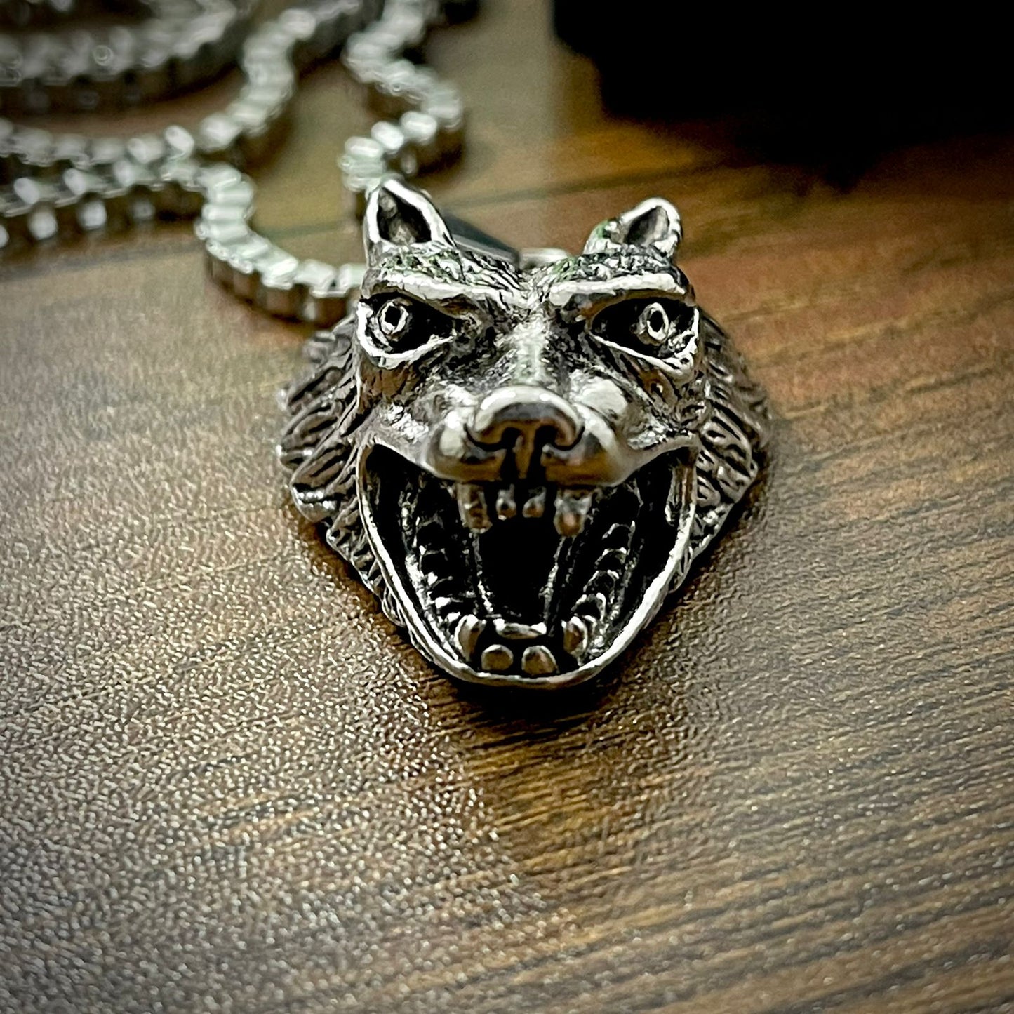 Antique Silver Wolfhead Pendant Necklace