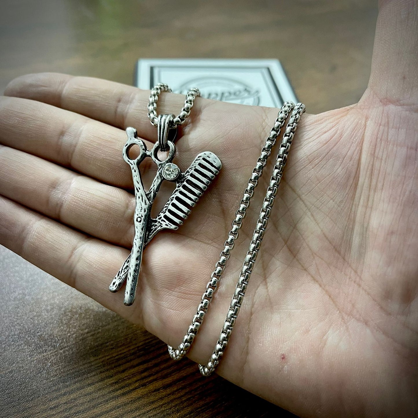 Antique Silver Scissor Comb Pendant Necklace