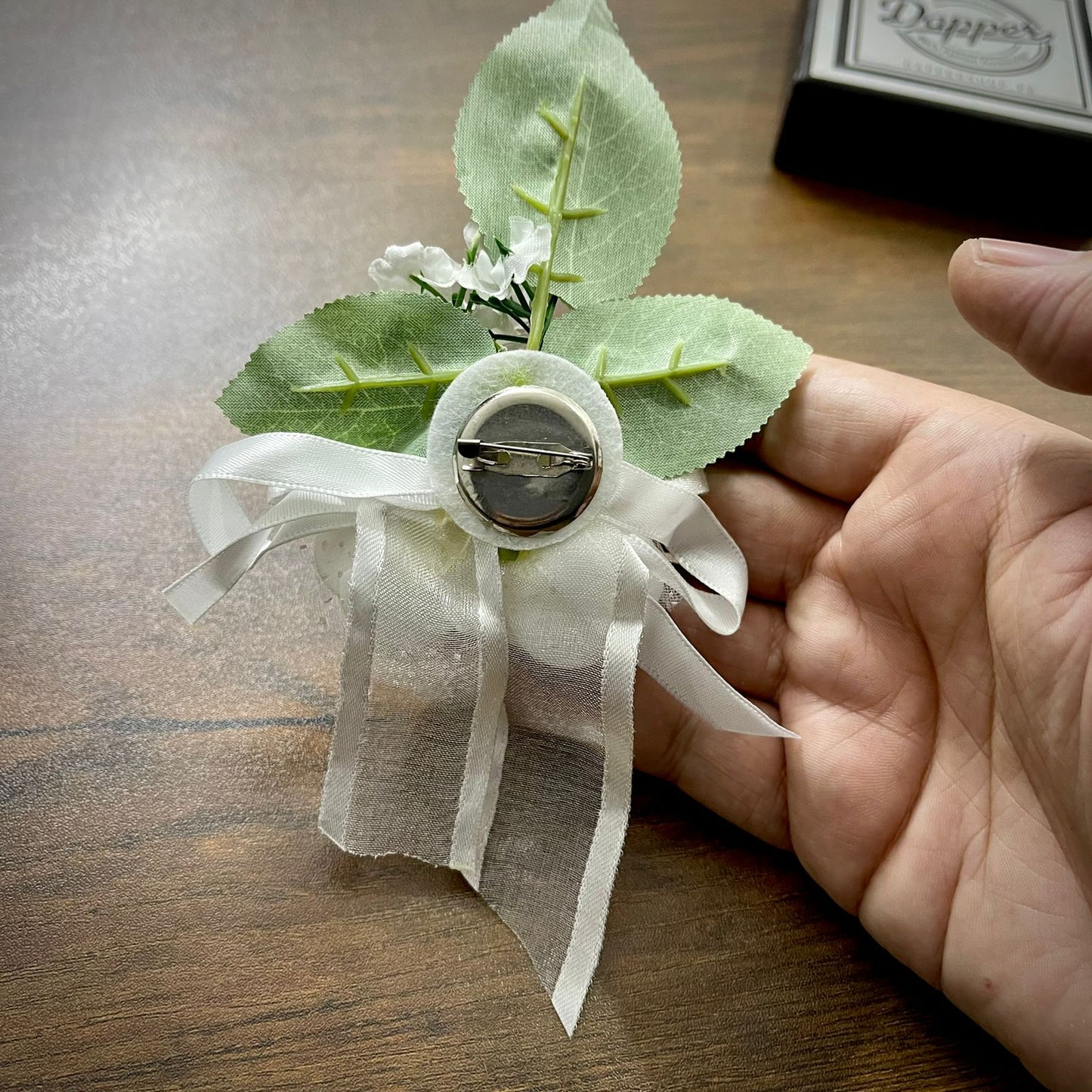 White Flower Leaf Wedding Corsage For Men