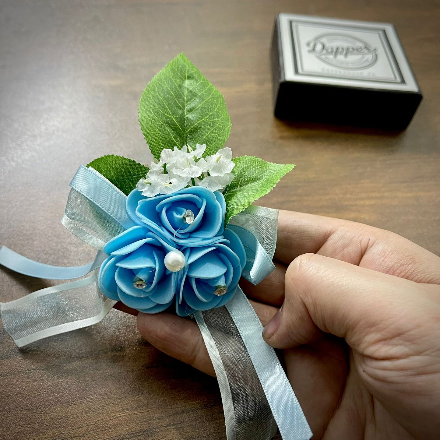 Sky Blue Flower Leaf Wedding Corsage For Men