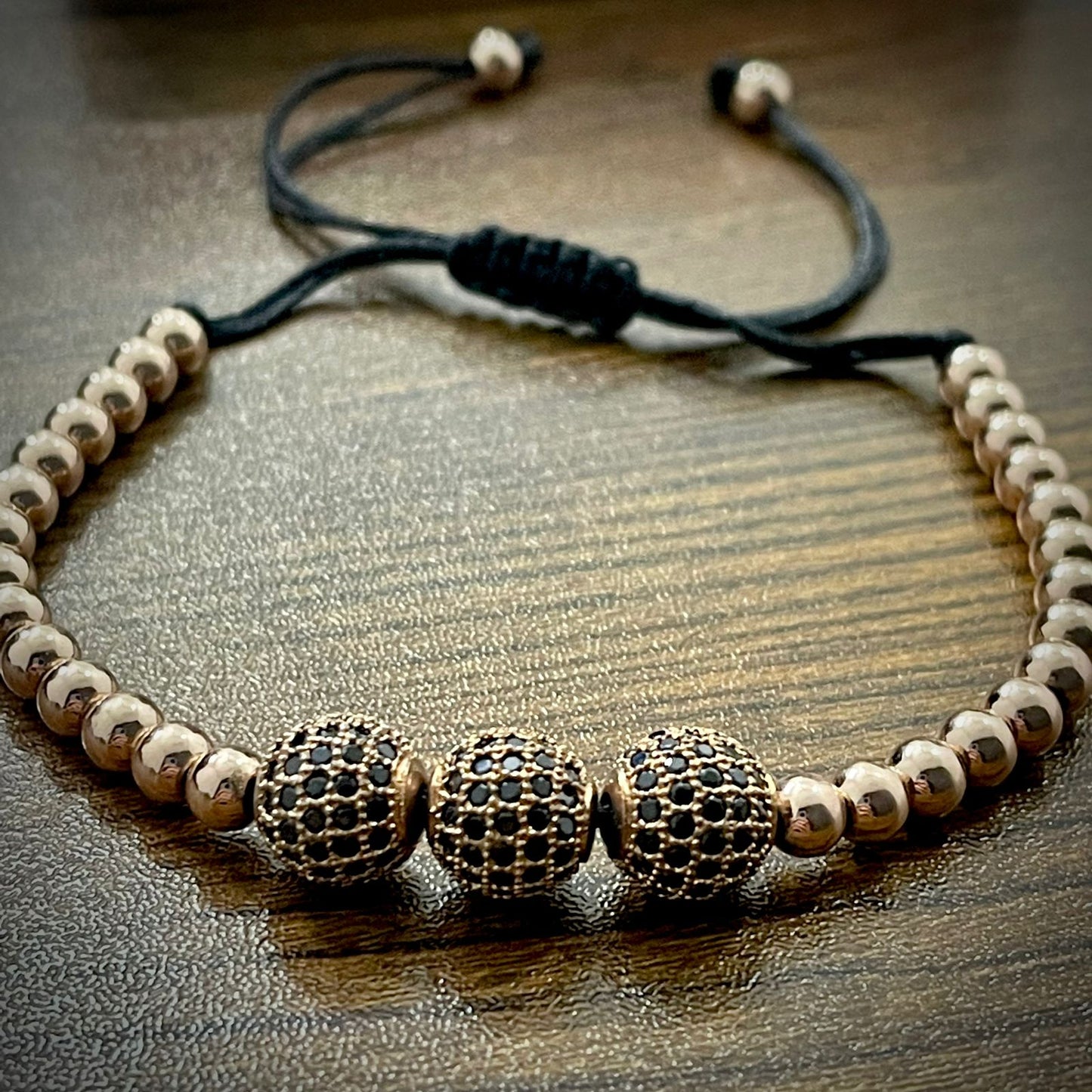 Rose Gold Cubical Zircon Paved Triple Beads Bracelet
