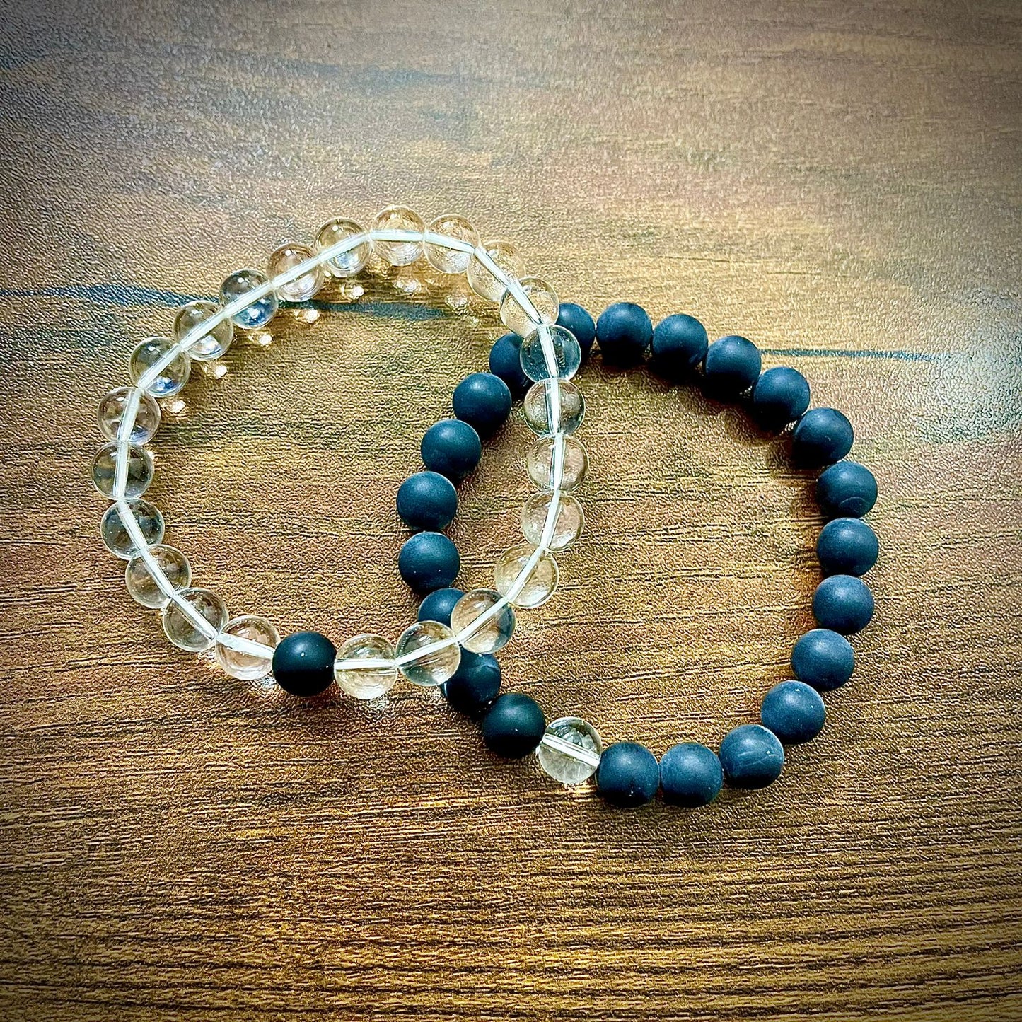 Matt Black & Transparent White Energy Stone Beads Distance Bracelet Set Couple Bracelet