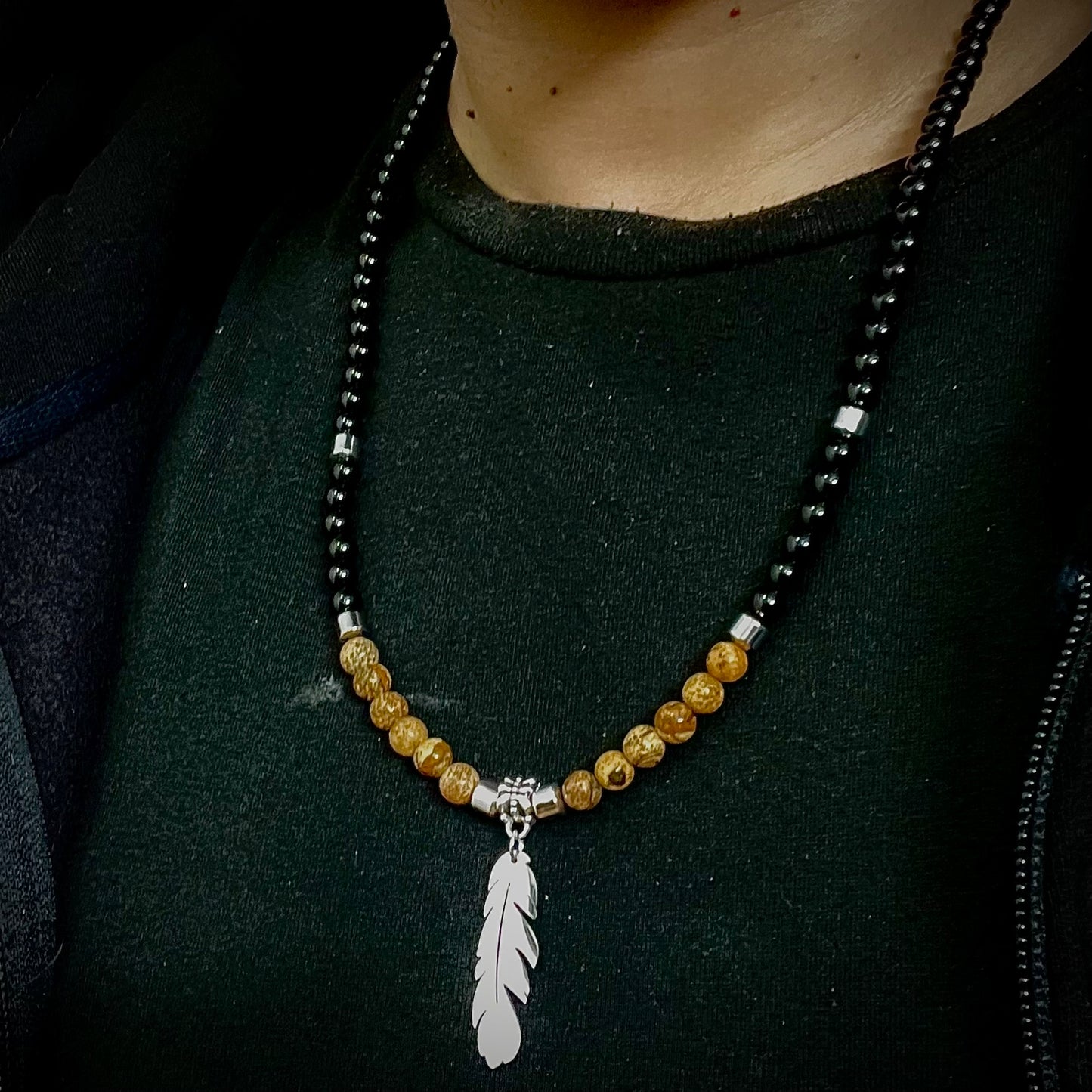 Silver feather beads pendant necklace for men online in pakistan
