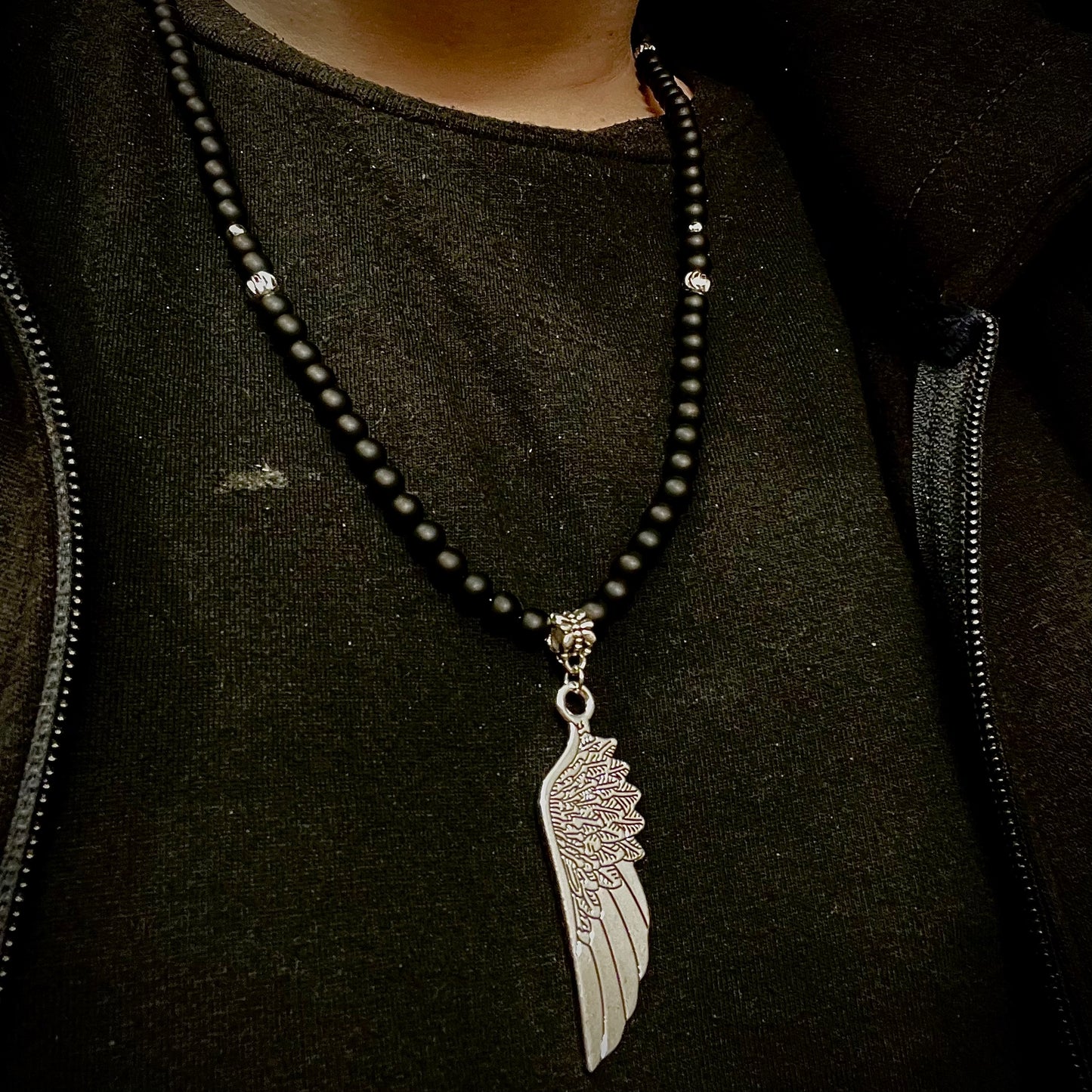 Silver feather beads pendant necklace for men online in pakistan