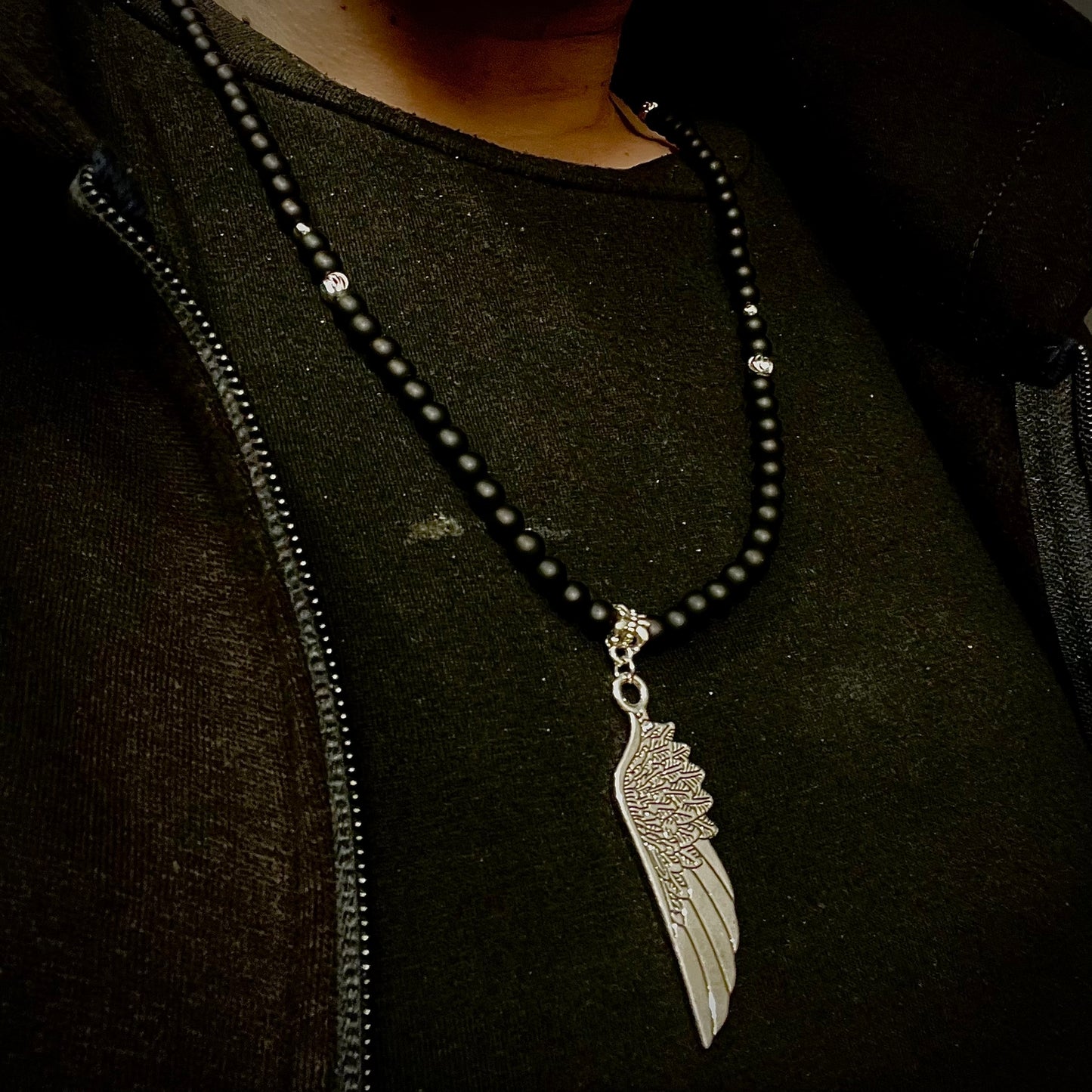Silver feather beads pendant necklace for men online in pakistan