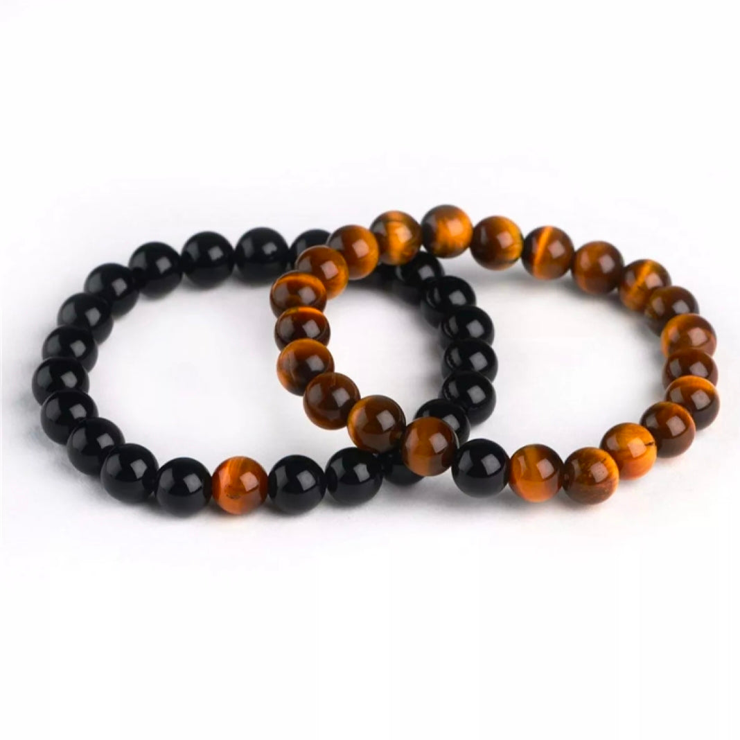 Tiger Eye & Black Agate Energy Stone Beads Distance Bracelet Set Couple Bracelet