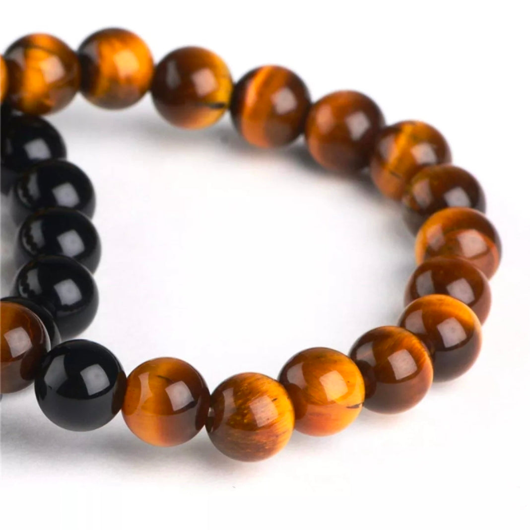 Tiger Eye & Black Agate Energy Stone Beads Distance Bracelet Set Couple Bracelet