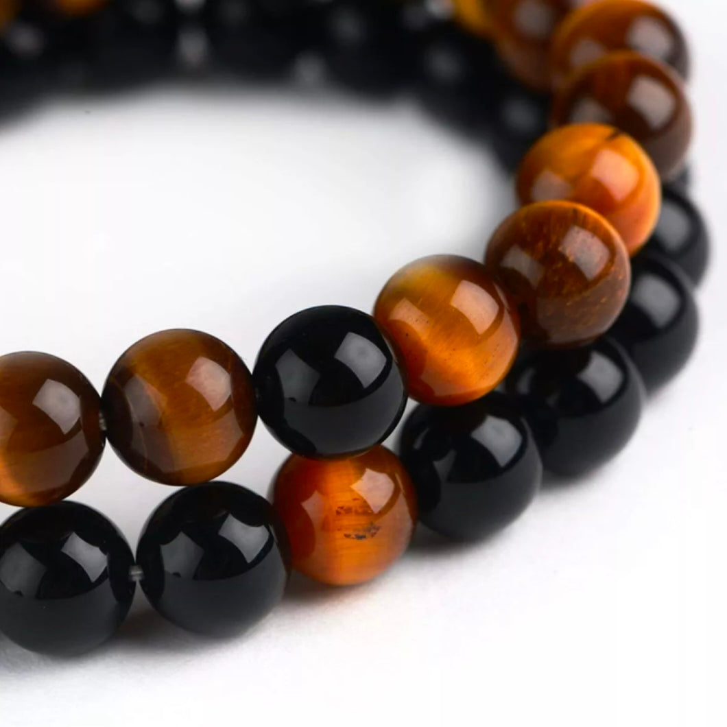 Tiger Eye & Black Agate Energy Stone Beads Distance Bracelet Set Couple Bracelet
