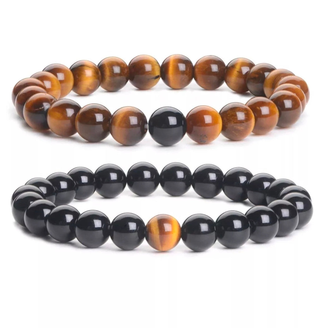 Tiger Eye & Black Agate Energy Stone Beads Distance Bracelet Set Couple Bracelet