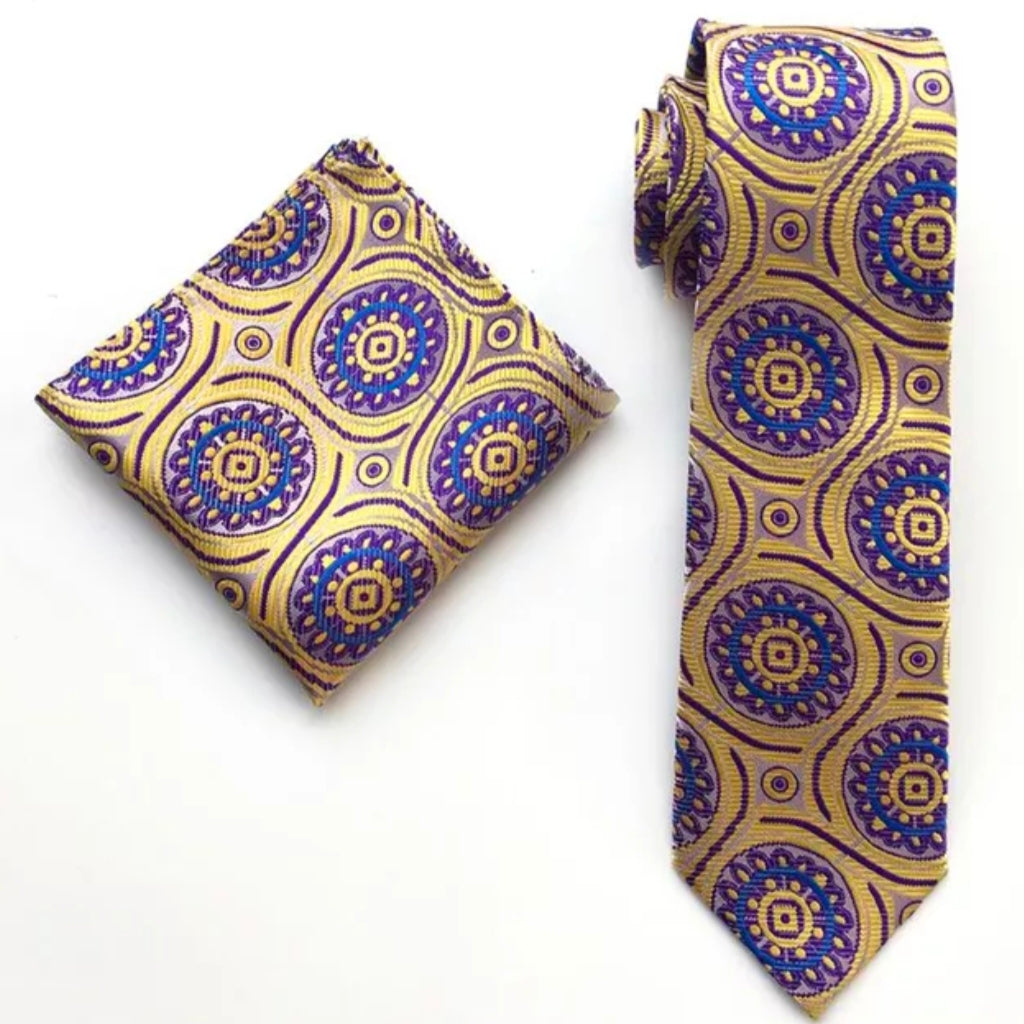 Yellow Purple Neck Tie Set For Men