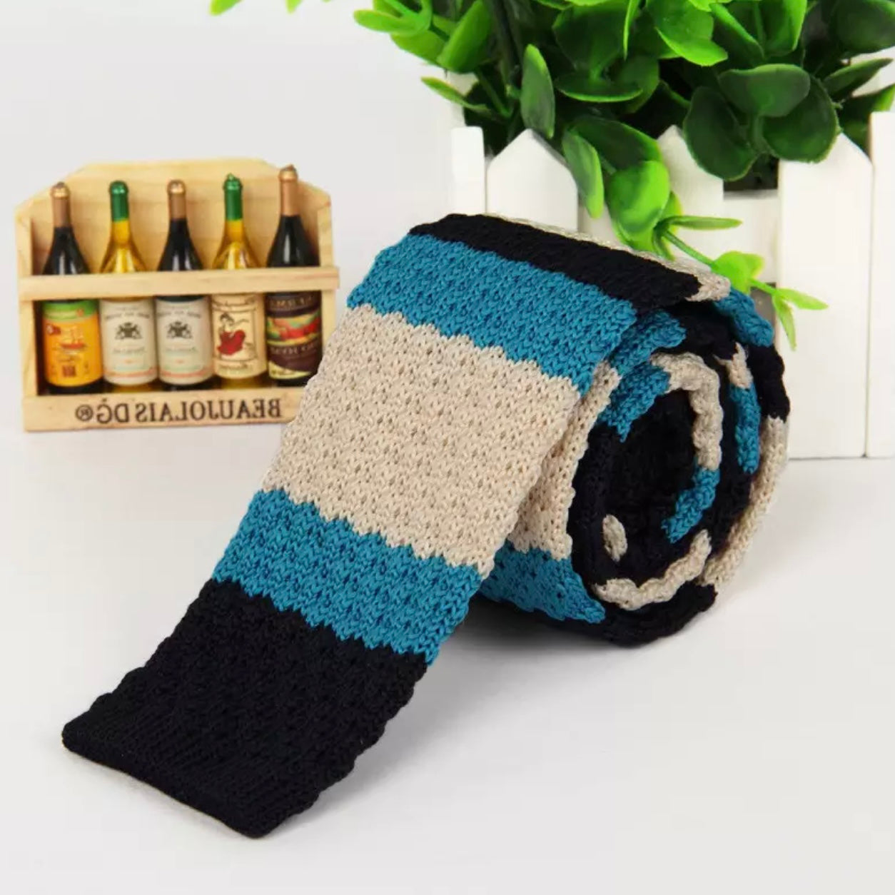 off white and Blue stripe knitted slim tie online in pakistan