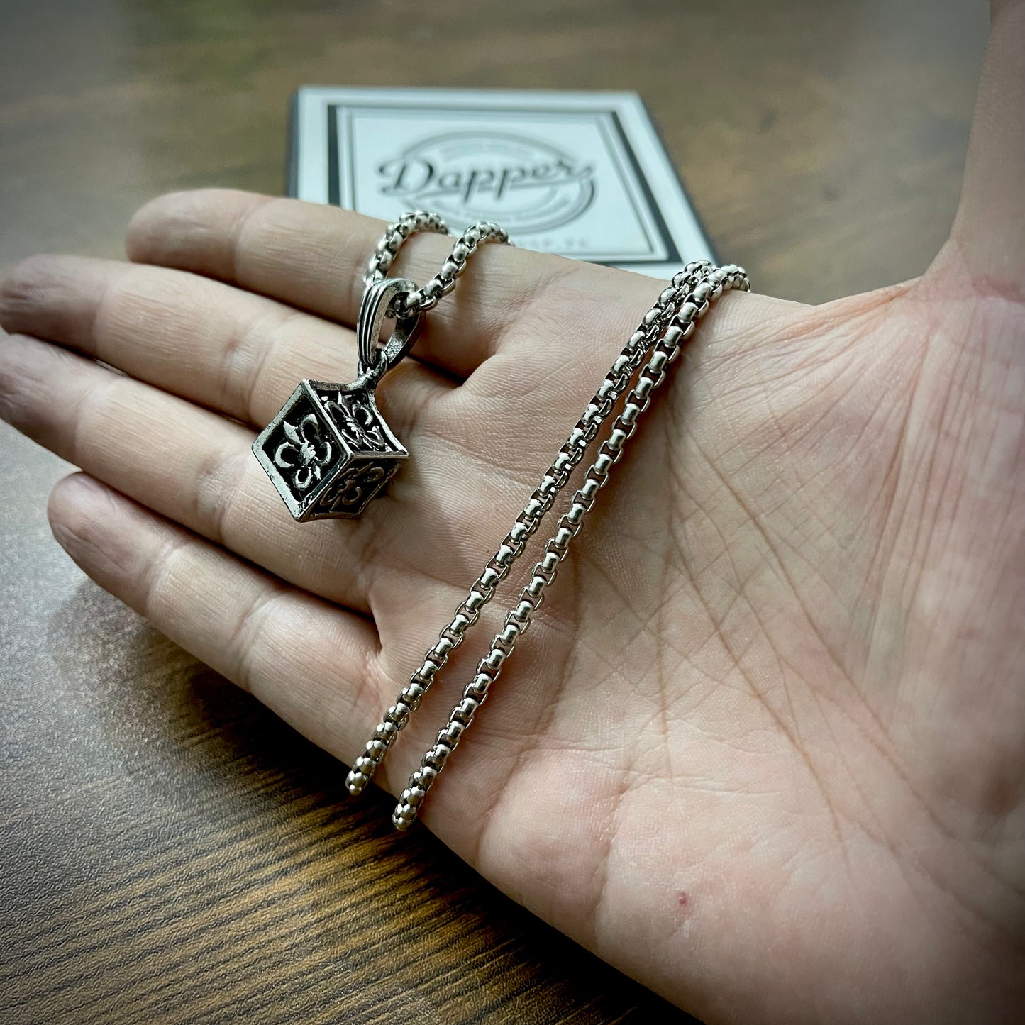 Antique Silver Leaf Cubical Pendant Necklace