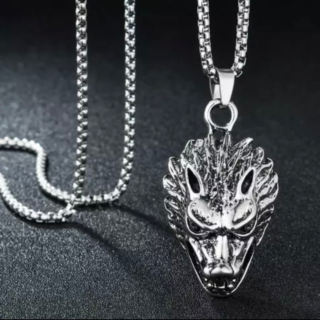 Antique Silver Wolfhead Pendant Necklace