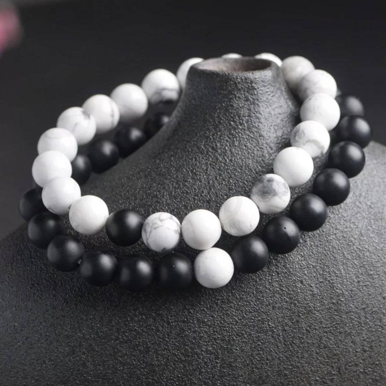 Matt Black & White Agate Energy Stone Beads Distance Bracelet Set Couple Bracelet