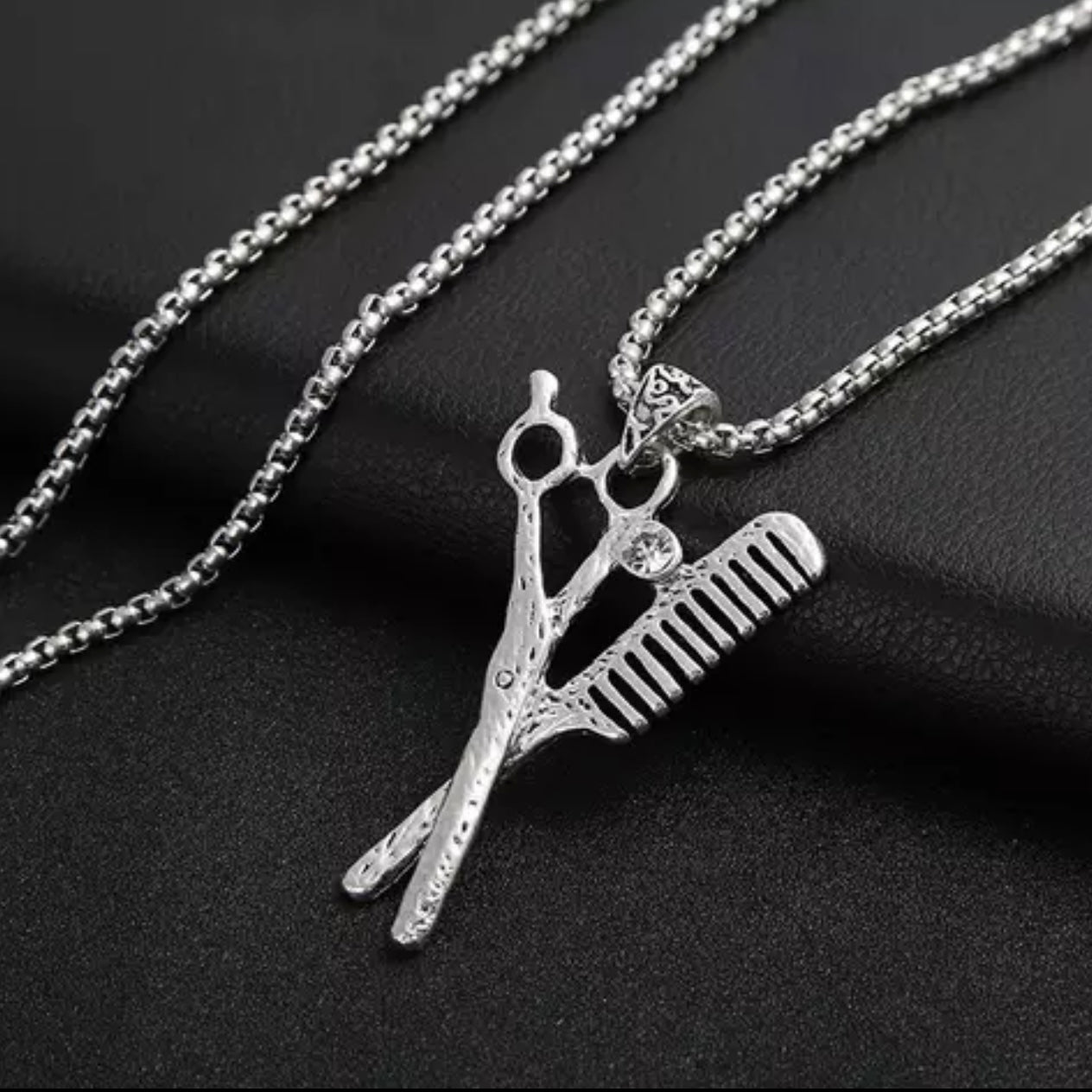 Antique Silver Scissor Comb Pendant Necklace