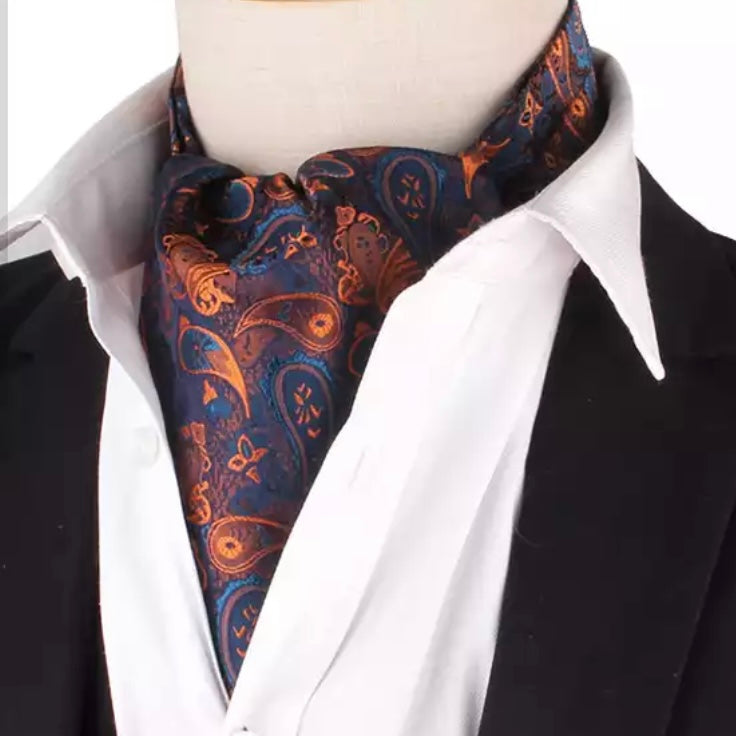 Blue Golden Paisley Jacquard Wooven Ascot Cravat Tie For Men
