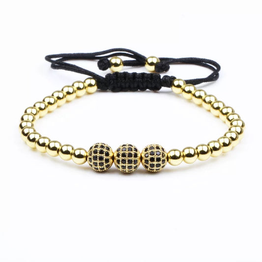 Golden Cubical Zircon Paved Triple Beads Bracelet