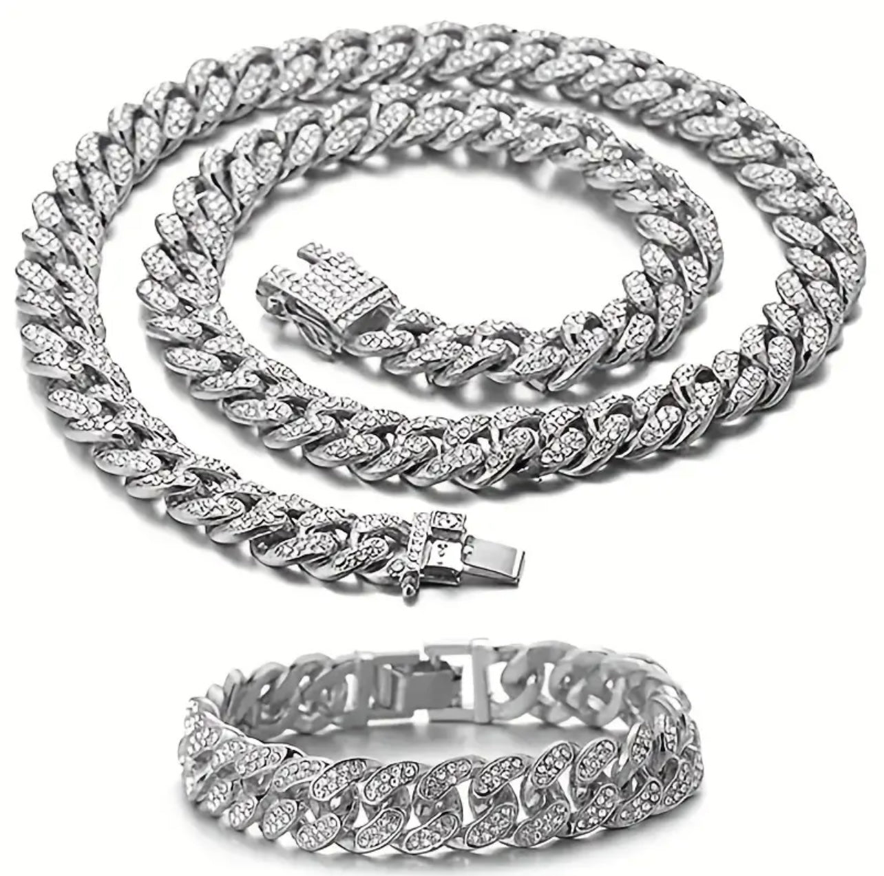 13mm silver iced out miami Cuban link neck chain bracelet for men online in pakistan