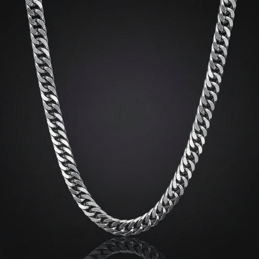 A silver-toned 10mm width curb chain necklace for men, displayed on a neutral background.