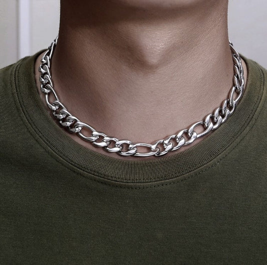 11mm silver Figaro link short neck chain for men online in Pakistan