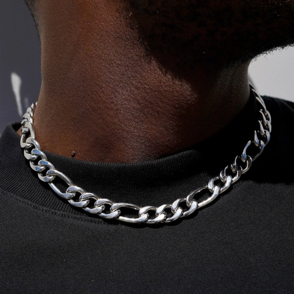 11mm silver Figaro link short neck chain for men online in Pakistan