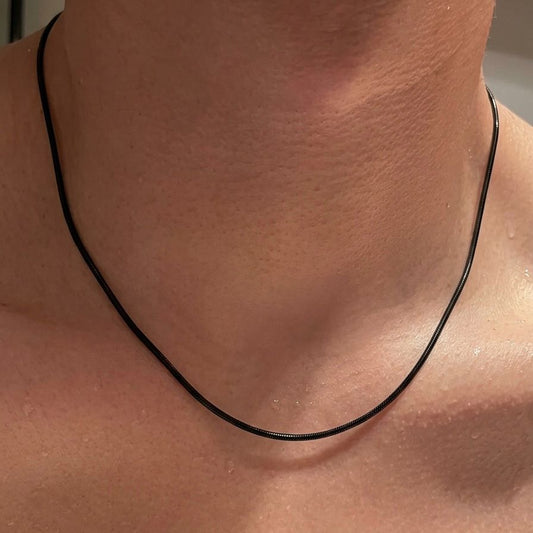 1mm sleek black round snake herringbone neck chain for men in Pakistan
