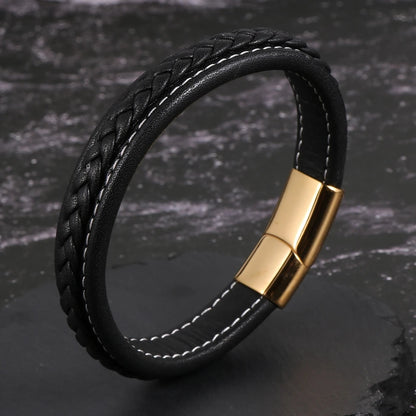 Streetwise Voyager Black Golden Leather Bracelet For Men