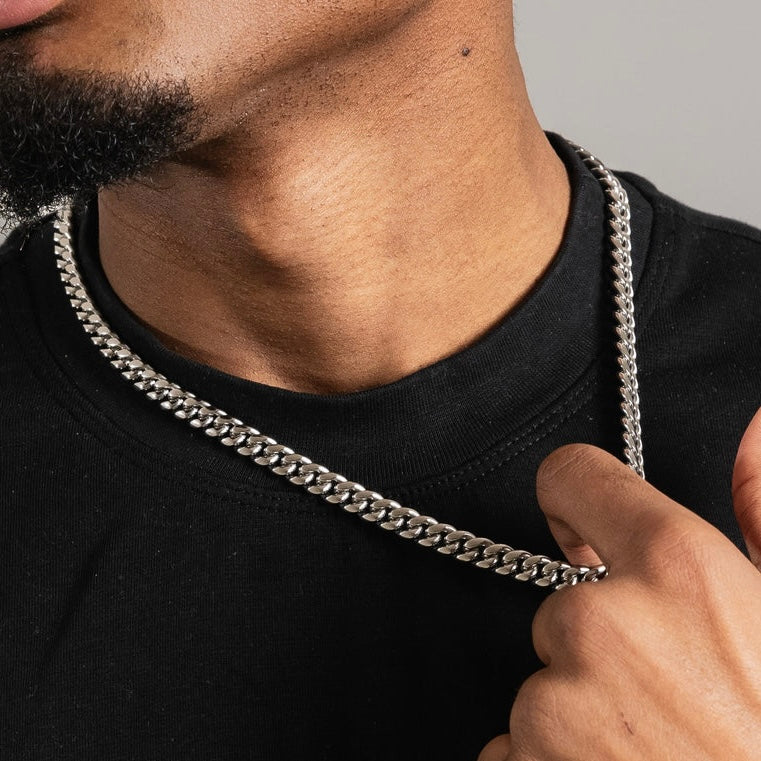 9mm Silver Cuban Round Link Neck Chain For Men