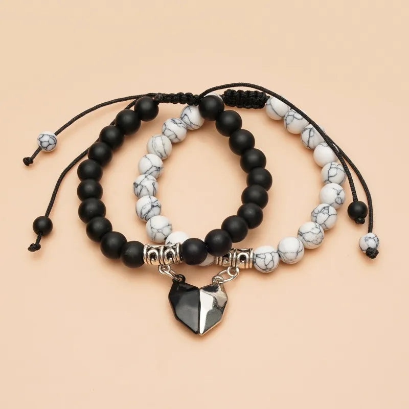 black and white stone beads magnetic heart distance couple bracelet online in pakistan