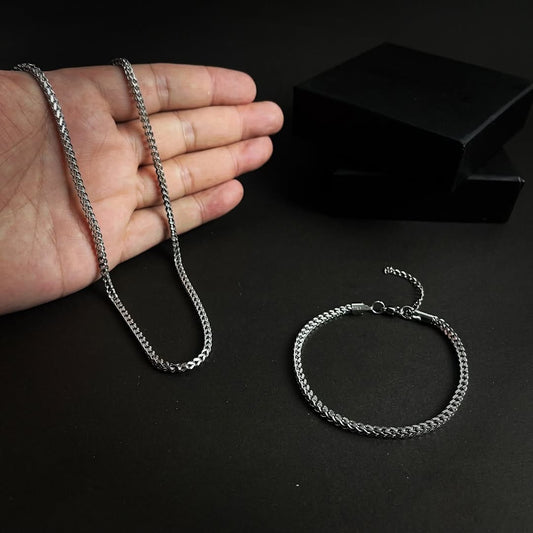 3mm silver franco square neck chain and bracelet set for men online in Pakistan   