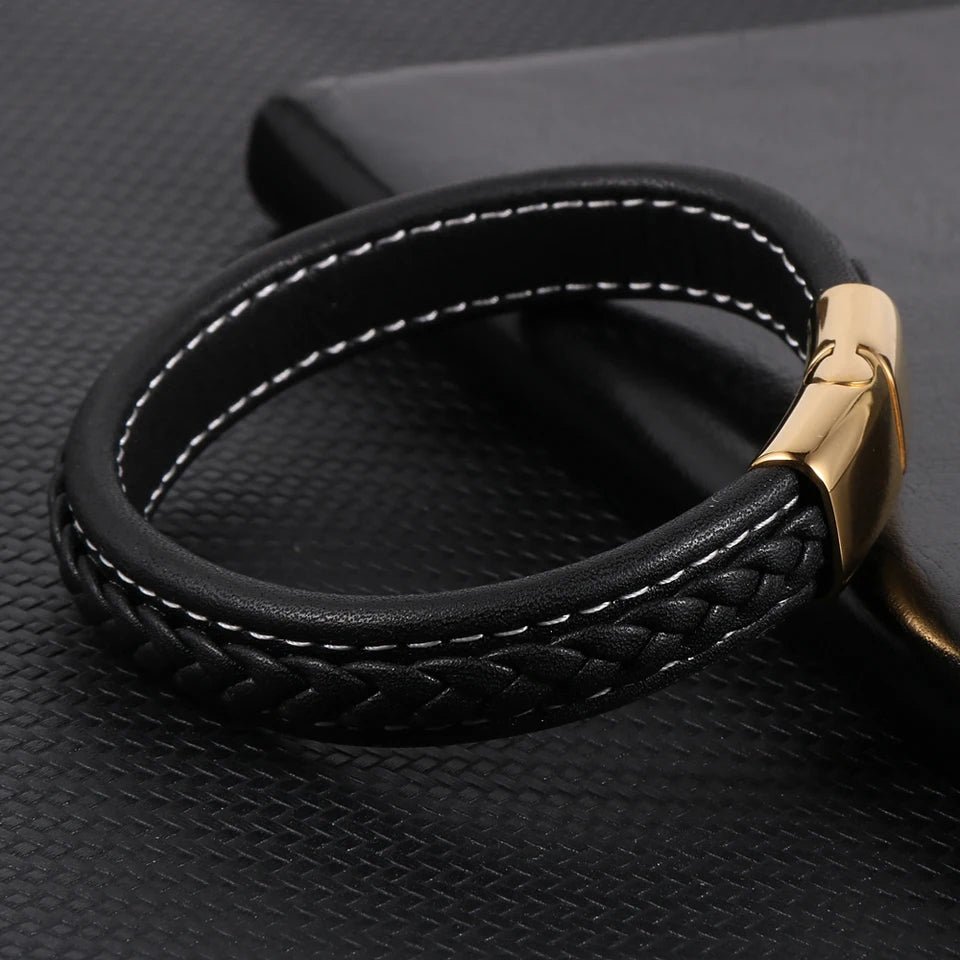 Streetwise Voyager Black Golden Leather Bracelet For Men