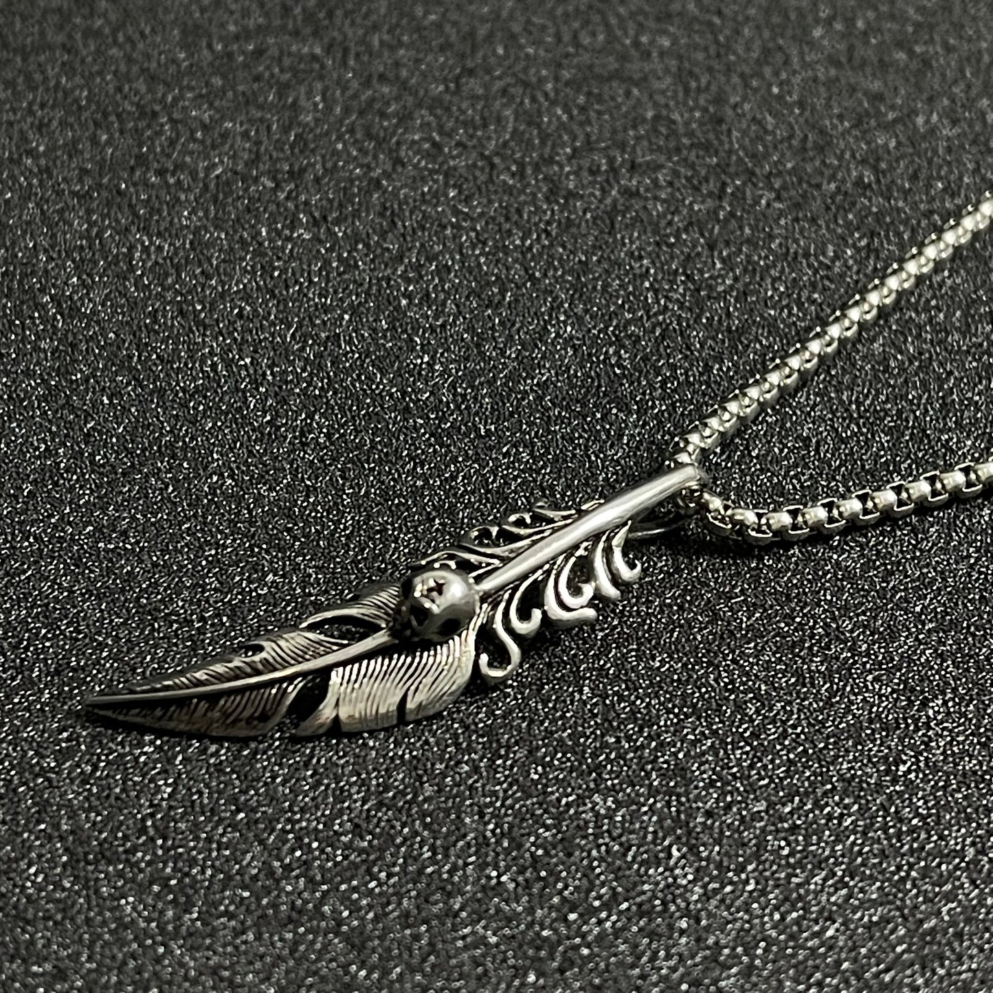 silver feather skull pendant necklace for men online in pakistan