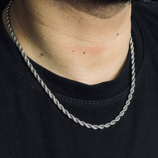 4mm silver rope neck chain for men, short rope neck chain 50cm 19 inches in Pakistan