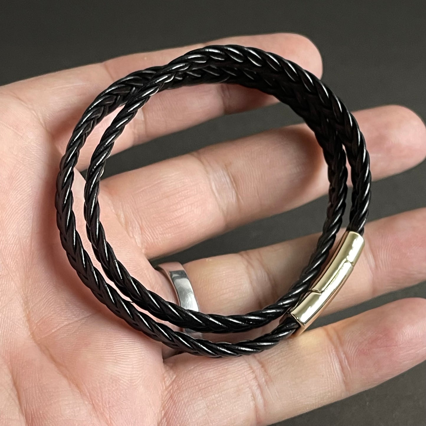 Twin Forge Black Leather Bracelet For Men