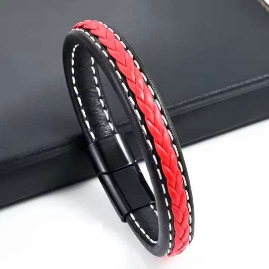 Streetwise Red & Black Leather Bracelet For Men