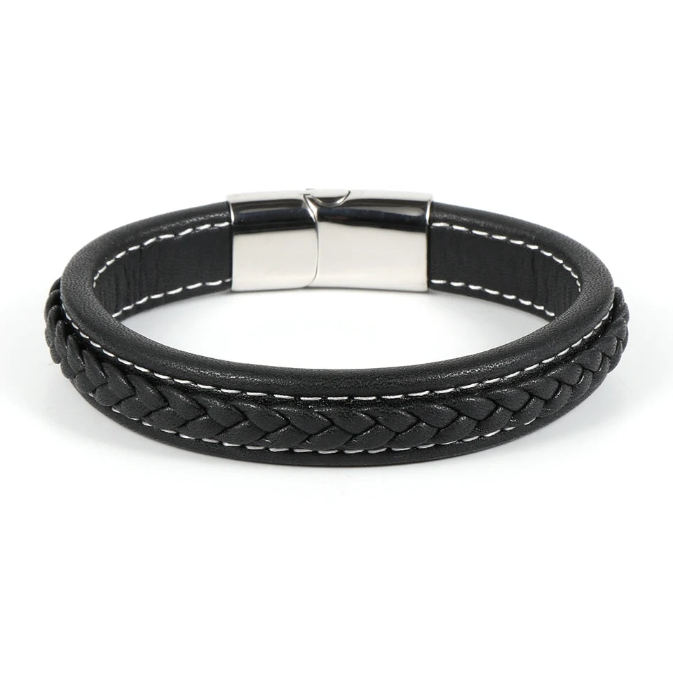 Streetwise Voyager Black Silver Leather Bracelet For Men