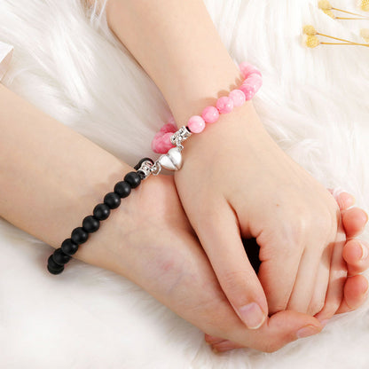 Black & Pink Beads Heart Magnetic Distance Bracelet Set Couple Bracelet