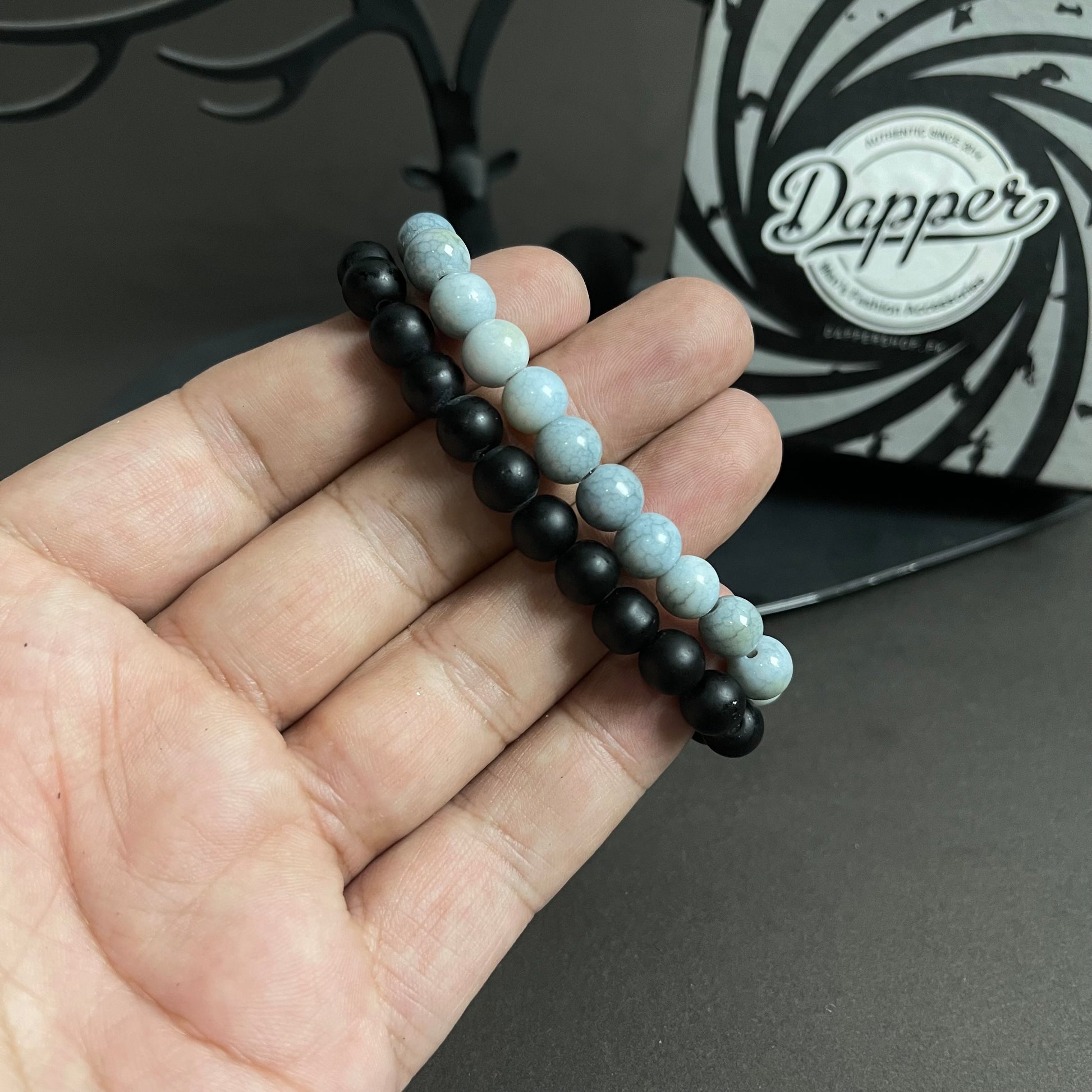 Grey and black stone beads distance bracelet online in pakistan