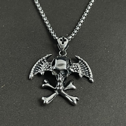 Antique Silver Skull Wings Pendant Necklace